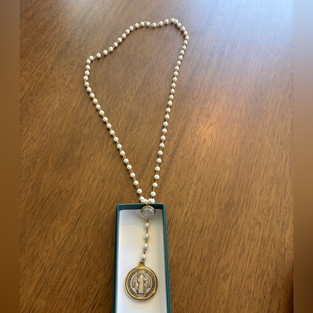 Long Saint Benedict Medallion and Pearl Necklace - Picture 5 of 5
